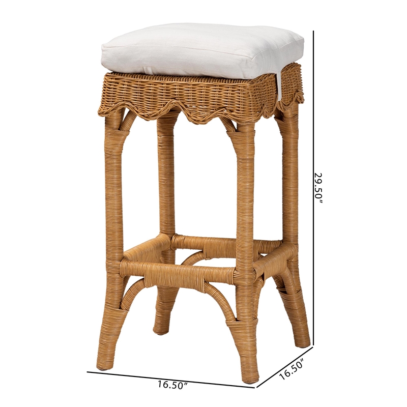 Pemberly Row Honey Rattan Scalloped Bar Stool with Cushion and Footrest