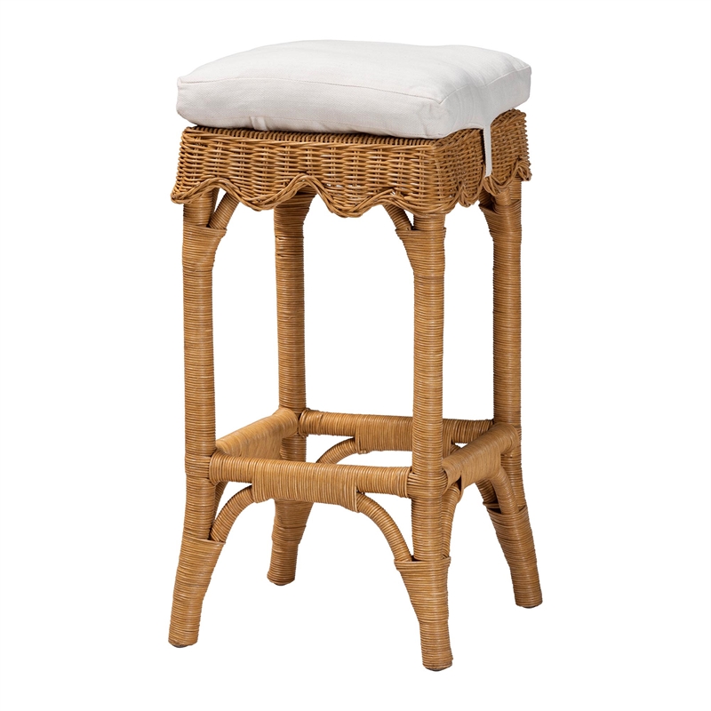 Pemberly Row Honey Rattan Scalloped Bar Stool with Cushion and Footrest