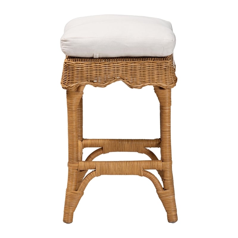 Pemberly Row Honey Rattan Scalloped Counter Stool with Cushion and Footrest