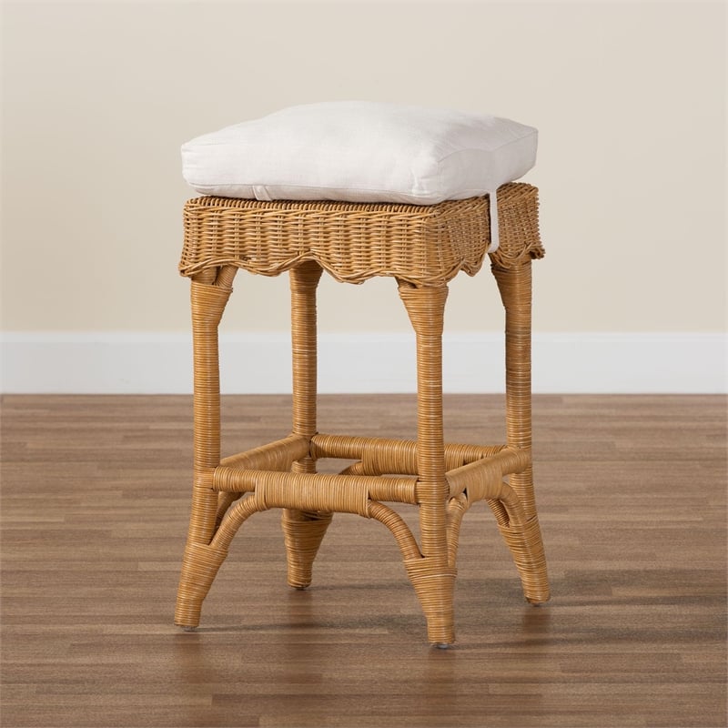 Pemberly Row Honey Rattan Scalloped Counter Stool with Cushion and Footrest