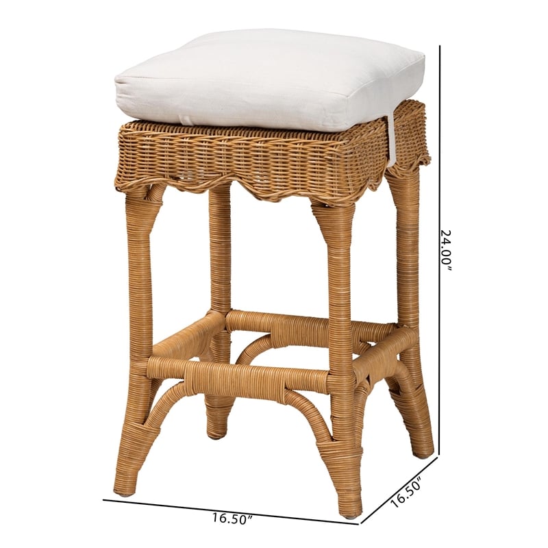 Pemberly Row Honey Rattan Scalloped Counter Stool with Cushion and Footrest