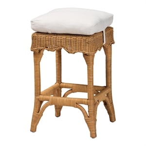 Pemberly Row Honey Rattan Scalloped Counter Stool with Cushion and Footrest