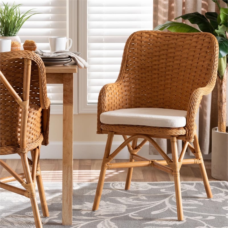 Pemberly Row Light Honey Rattan Dining Chair with Braided Detail