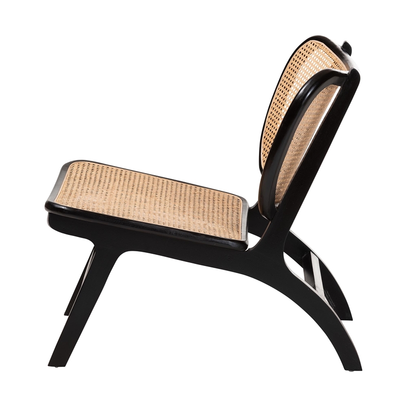Pemberly Row Black Mahogany Wood and Woven Rattan Accent Chair