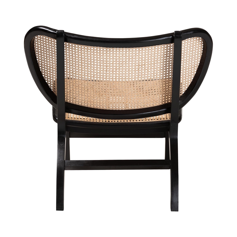 Pemberly Row Black Mahogany Wood and Woven Rattan Accent Chair
