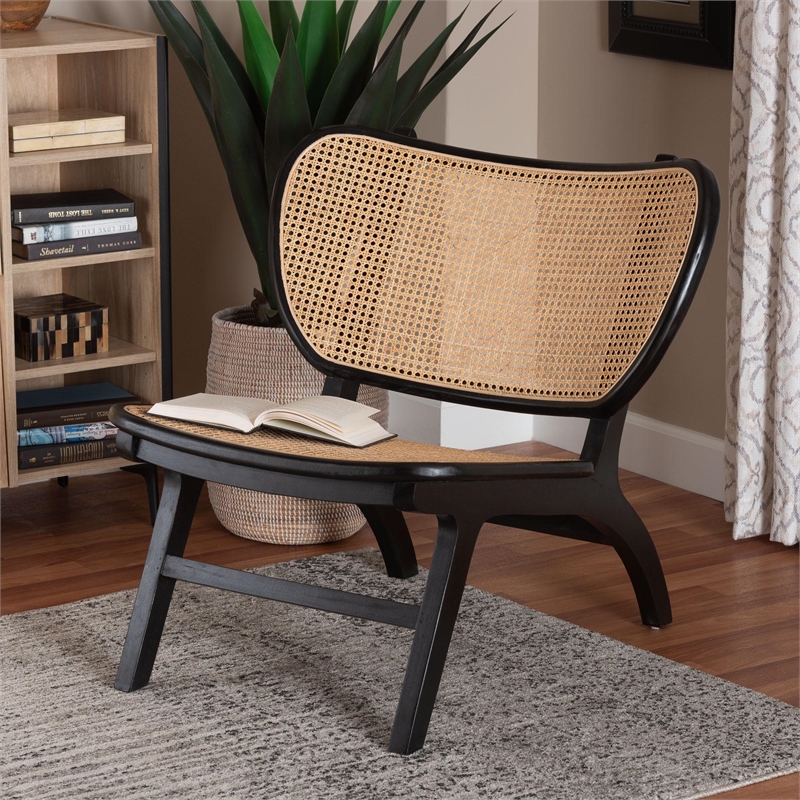 Pemberly Row Black Mahogany Wood and Woven Rattan Accent Chair