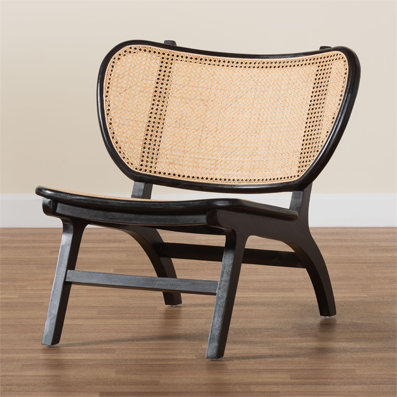 Pemberly Row Black Mahogany Wood and Woven Rattan Accent Chair