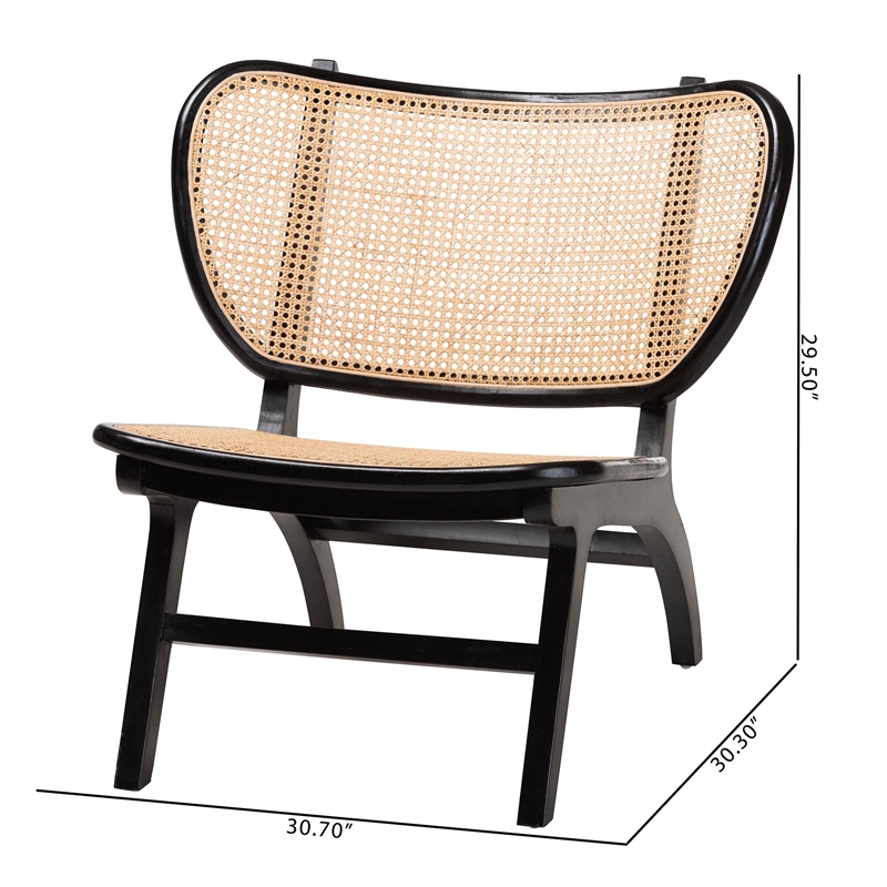 Pemberly Row Black Mahogany Wood and Woven Rattan Accent Chair