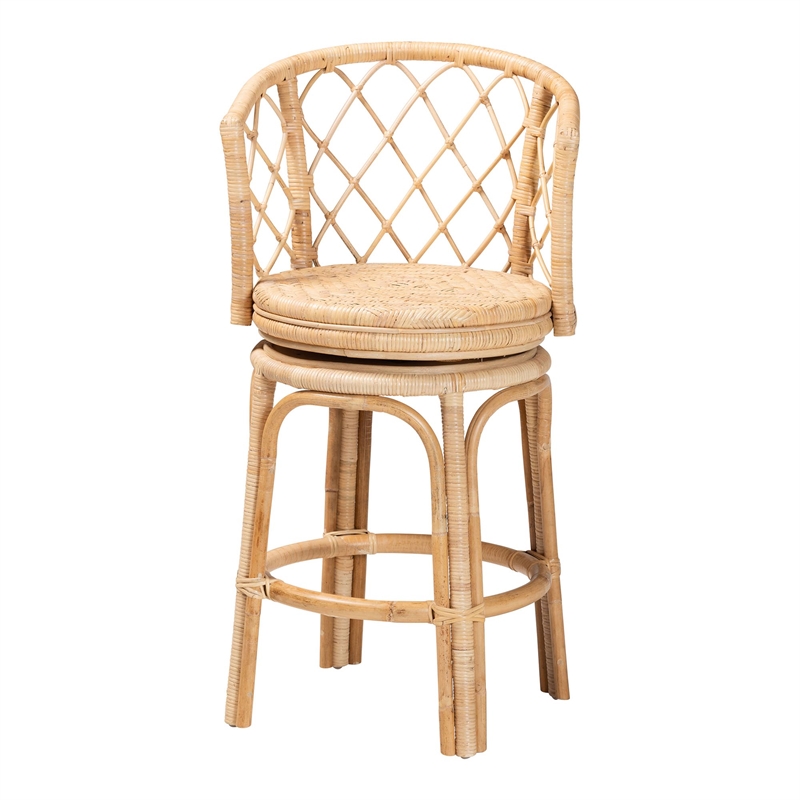 Pemberly Row Light Honey Rattan Swivel Counter Stool with Footrest