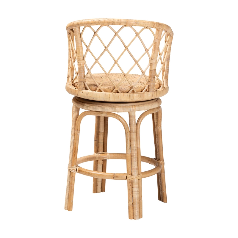 Pemberly Row Light Honey Rattan Swivel Counter Stool with Footrest