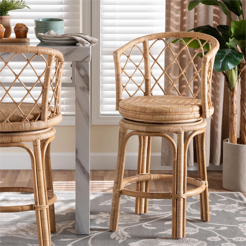 Pemberly Row Light Honey Rattan Swivel Counter Stool with Footrest