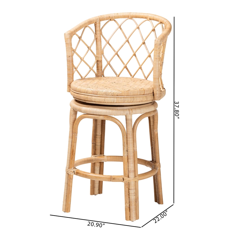 Pemberly Row Light Honey Rattan Swivel Counter Stool with Footrest