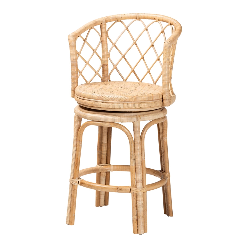 Pemberly Row Light Honey Rattan Swivel Counter Stool with Footrest