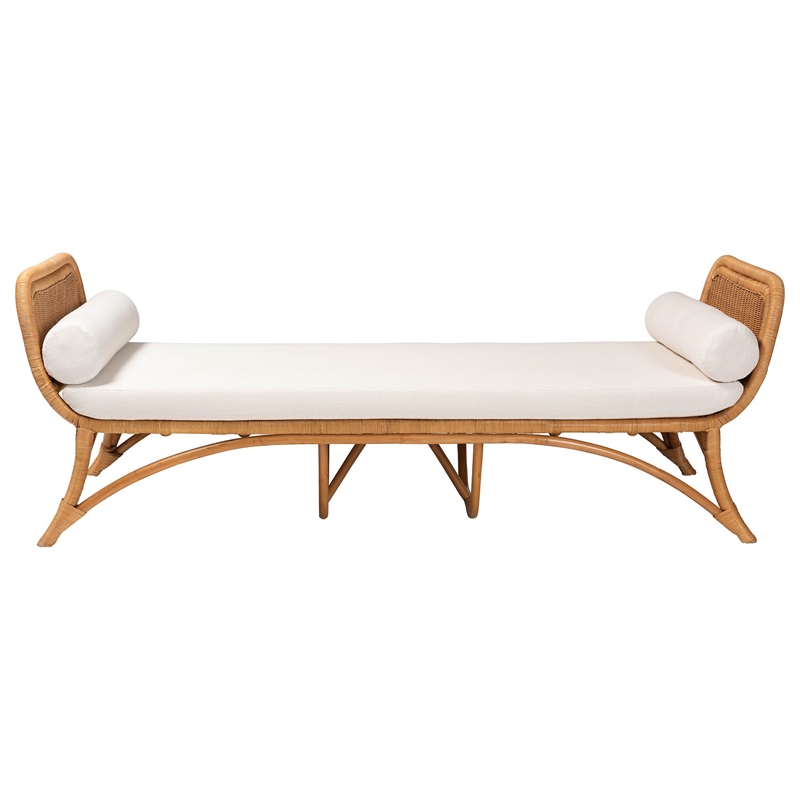 Pemberly Row Light Honey Rattan Daybed with Cushion and 2 Pillows
