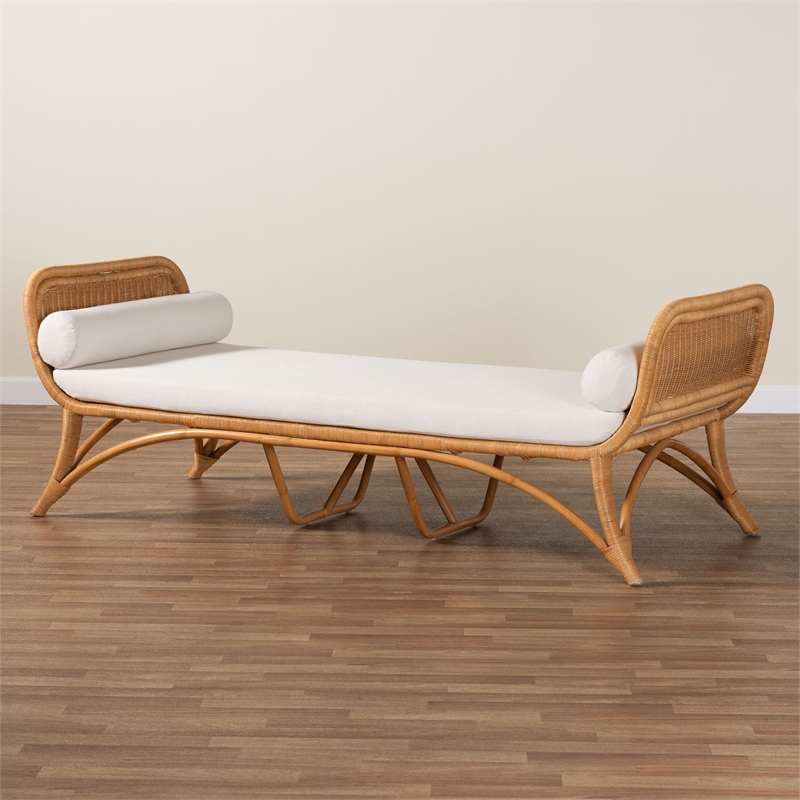 Pemberly Row Light Honey Rattan Daybed with Cushion and 2 Pillows