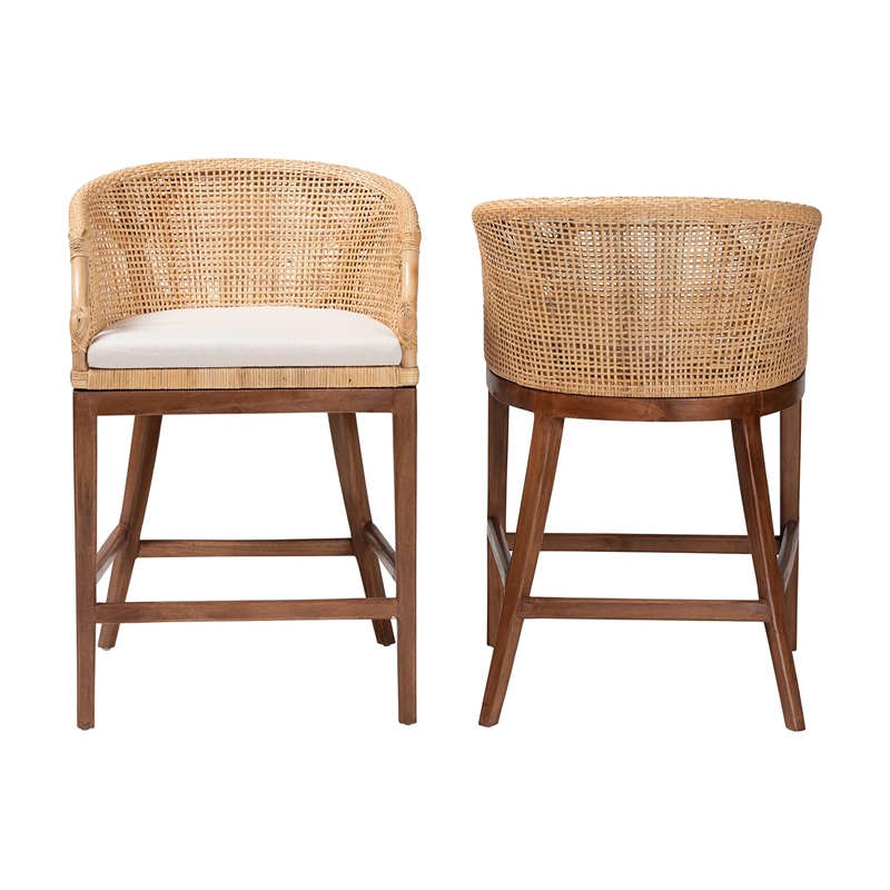 Pemberly Row Light Honey Rattan and Wood 2-Piece Counter Stool Set