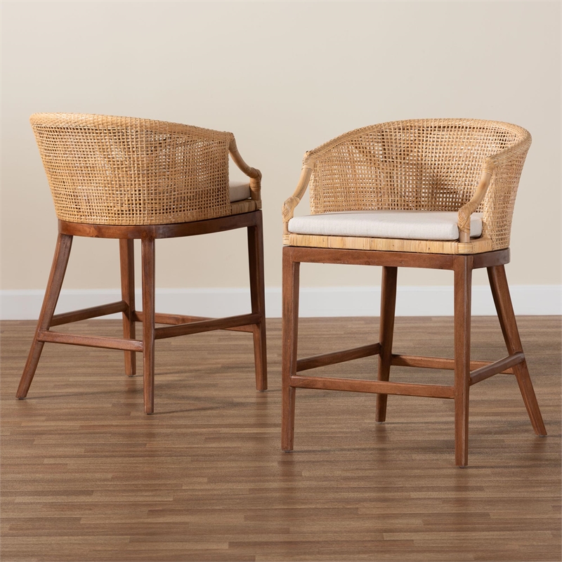 Pemberly Row Light Honey Rattan and Wood 2-Piece Counter Stool Set