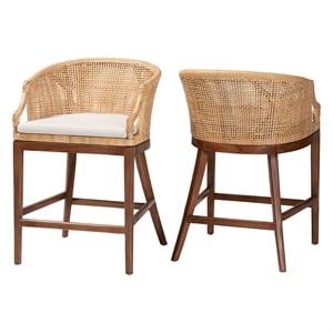 Pemberly Row Light Honey Rattan and Wood 2-Piece Counter Stool Set