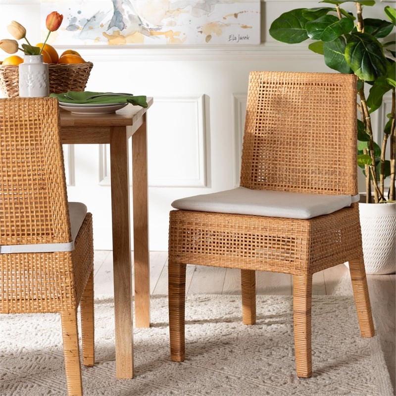 Pemberly Row Light Honey Rattan and Mahogany Wood Dining Chair