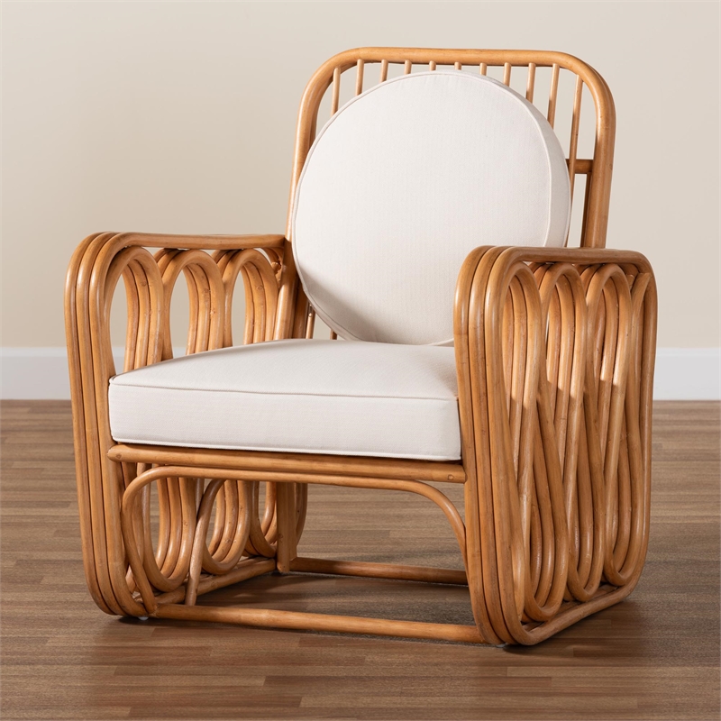 Pemberly Row Light Honey Rattan Openwork Arm Chair with Cushions
