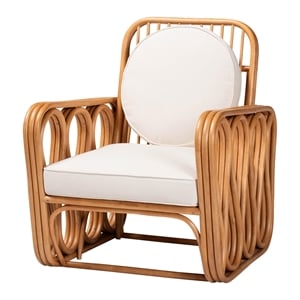Pemberly Row Light Honey Rattan Openwork Arm Chair with Cushions