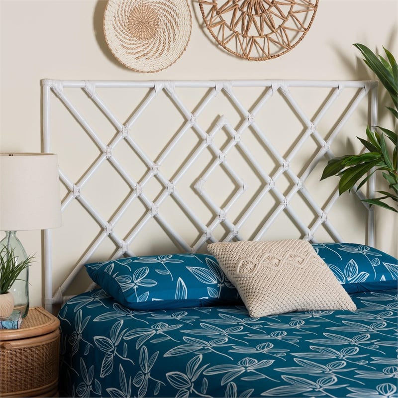 Pemberly Row White Rattan Queen Standalone Headboard with Diamond Design