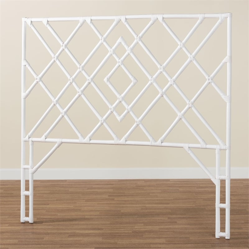 Pemberly Row White Rattan Queen Standalone Headboard with Diamond Design