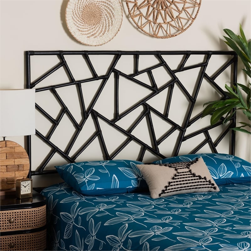 Pemberly Row Black Rattan Queen Standalone Headboard with Geometric Panel
