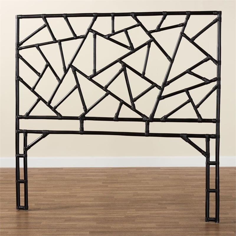 Pemberly Row Black Rattan Queen Standalone Headboard with Geometric Panel