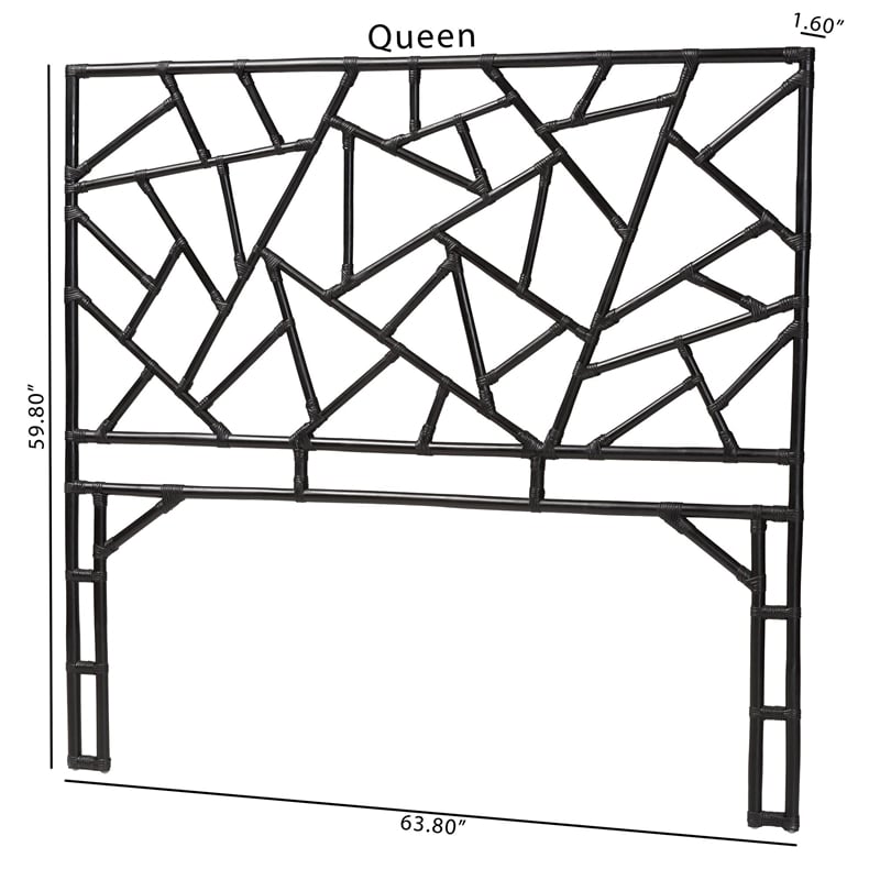 Pemberly Row Black Rattan Queen Standalone Headboard with Geometric Panel