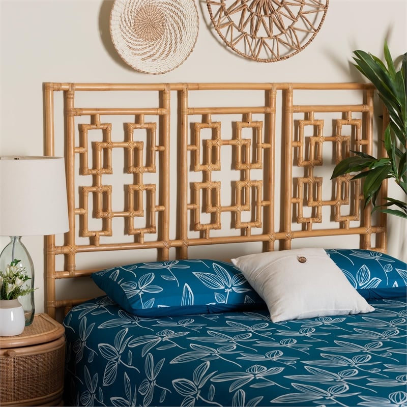 Pemberly Row Natural Rattan Queen Standalone Headboard with Chippendale Design