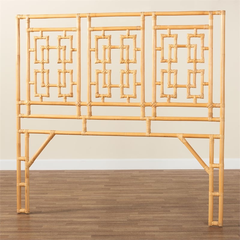 Pemberly Row Natural Rattan Queen Standalone Headboard with Chippendale Design