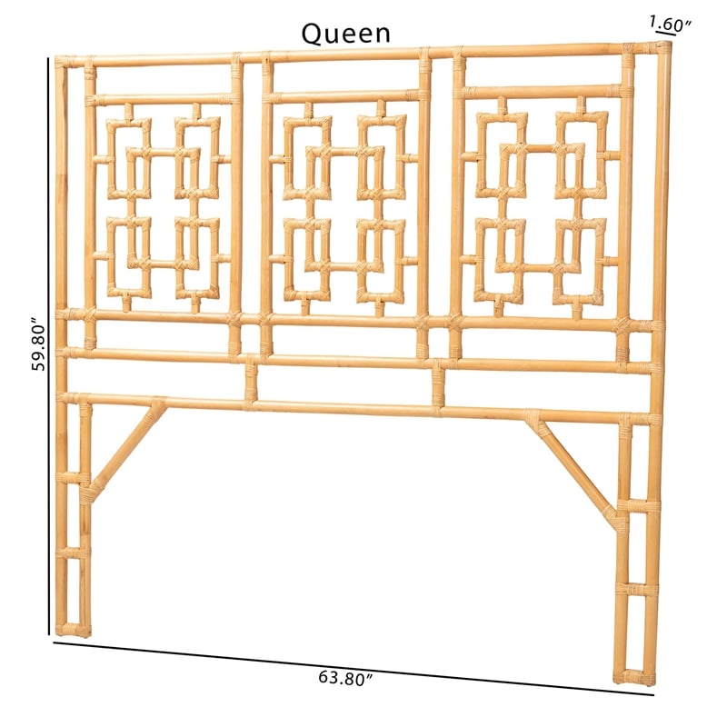 Pemberly Row Natural Rattan Queen Standalone Headboard with Chippendale Design