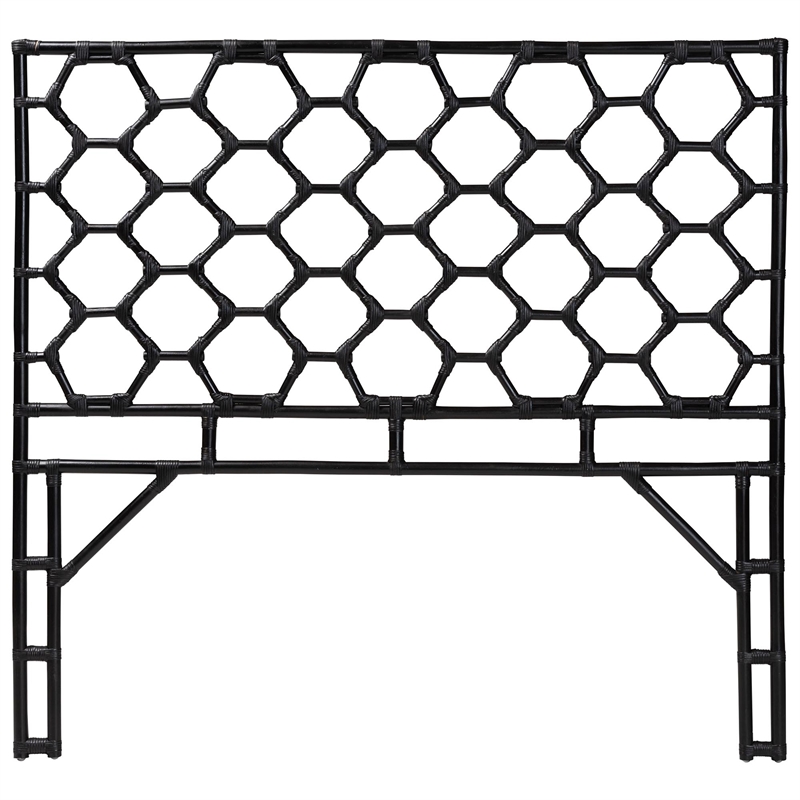 Pemberly Row Black Rattan Queen Standalone Headboard with Hexagon Design
