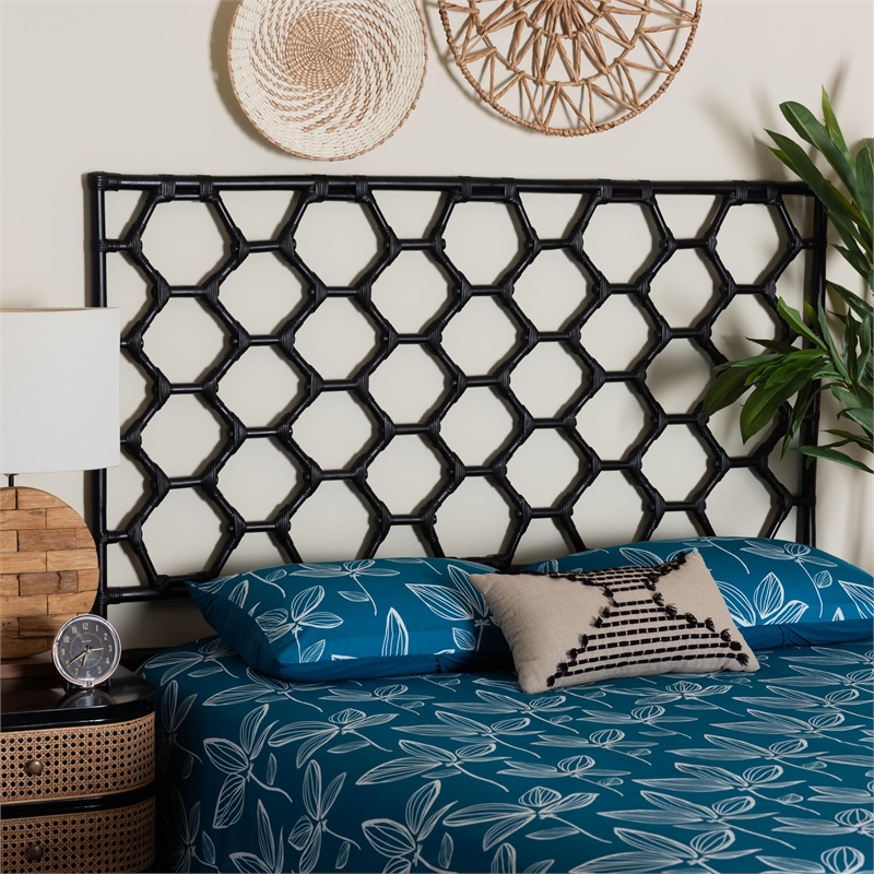Pemberly Row Black Rattan Queen Standalone Headboard with Hexagon Design