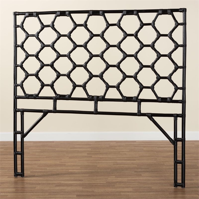 Pemberly Row Black Rattan Queen Standalone Headboard with Hexagon Design