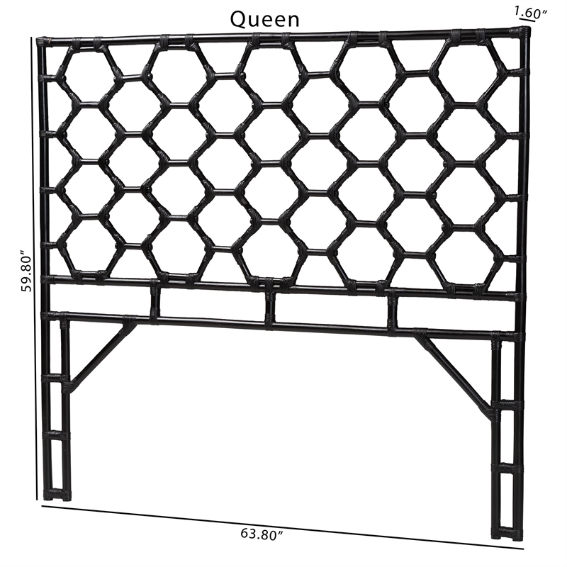 Pemberly Row Black Rattan Queen Standalone Headboard with Hexagon Design