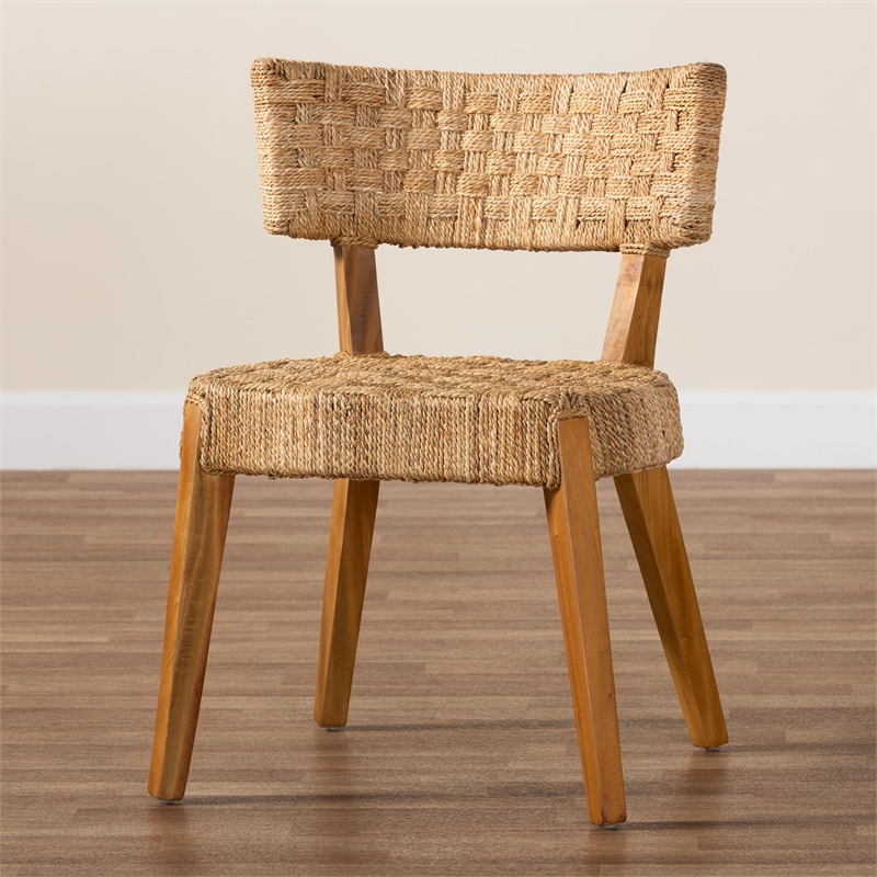 Pemberly Row Seagrass and Mahogany Wood Dining Chair with Curved Back