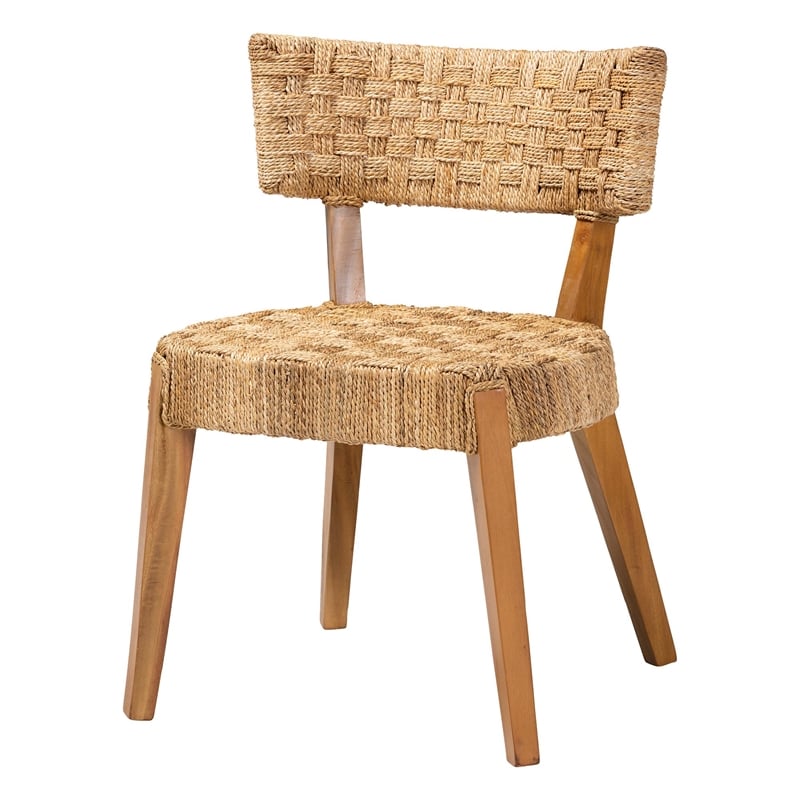 Pemberly Row Seagrass and Mahogany Wood Dining Chair with Curved Back