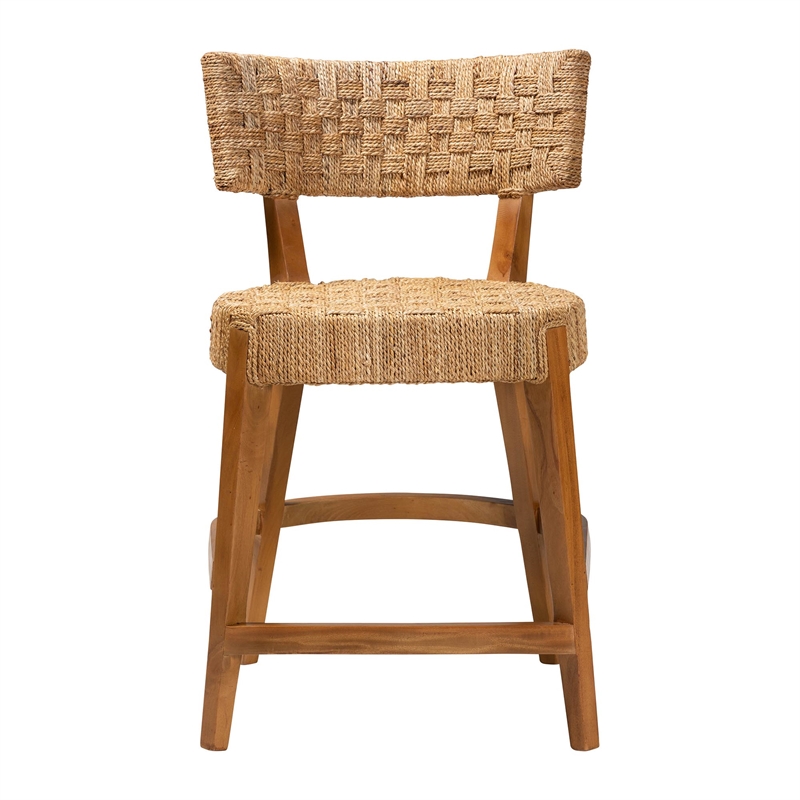 Pemberly Row Seagrass and Mahogany Wood Counter Stool with Footrest