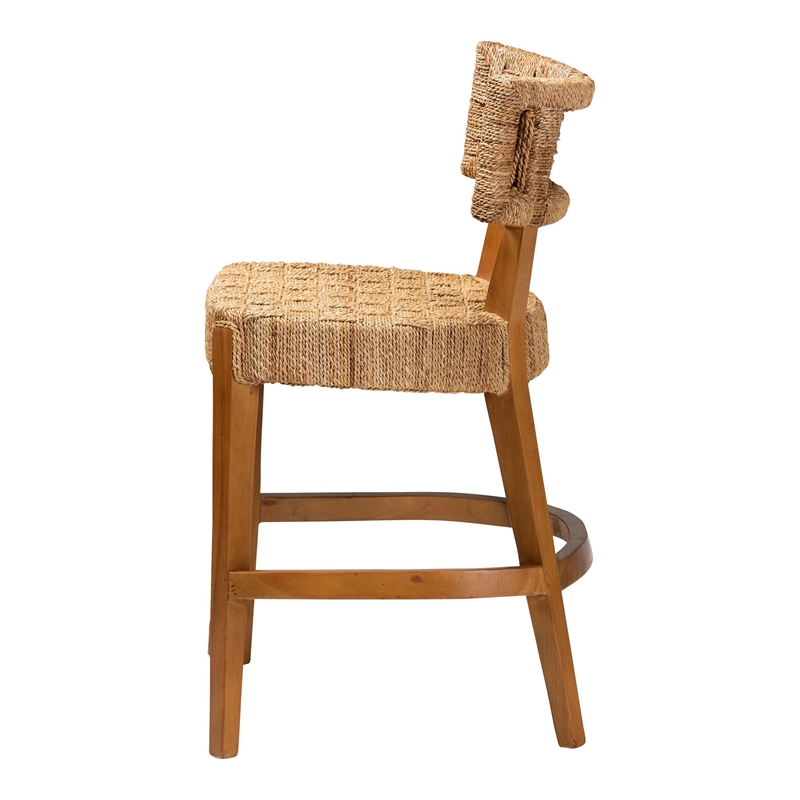 Pemberly Row Seagrass and Mahogany Wood Counter Stool with Footrest