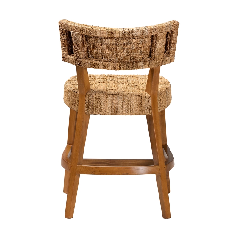 Pemberly Row Seagrass and Mahogany Wood Counter Stool with Footrest