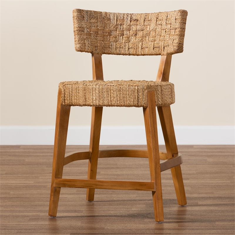 Pemberly Row Seagrass and Mahogany Wood Counter Stool with Footrest