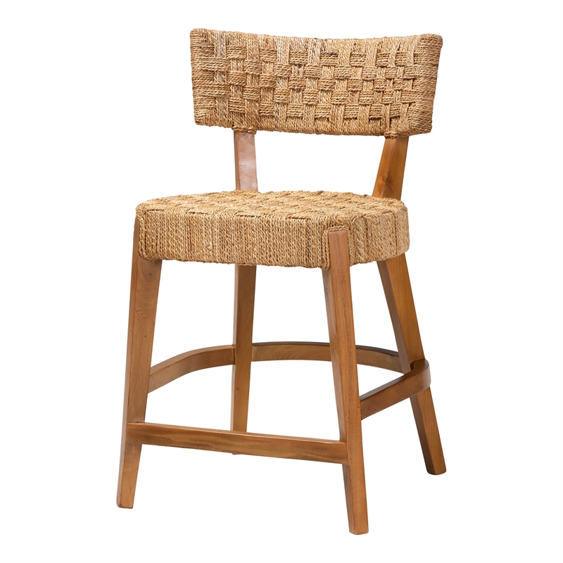 Pemberly Row Seagrass and Mahogany Wood Counter Stool with Footrest