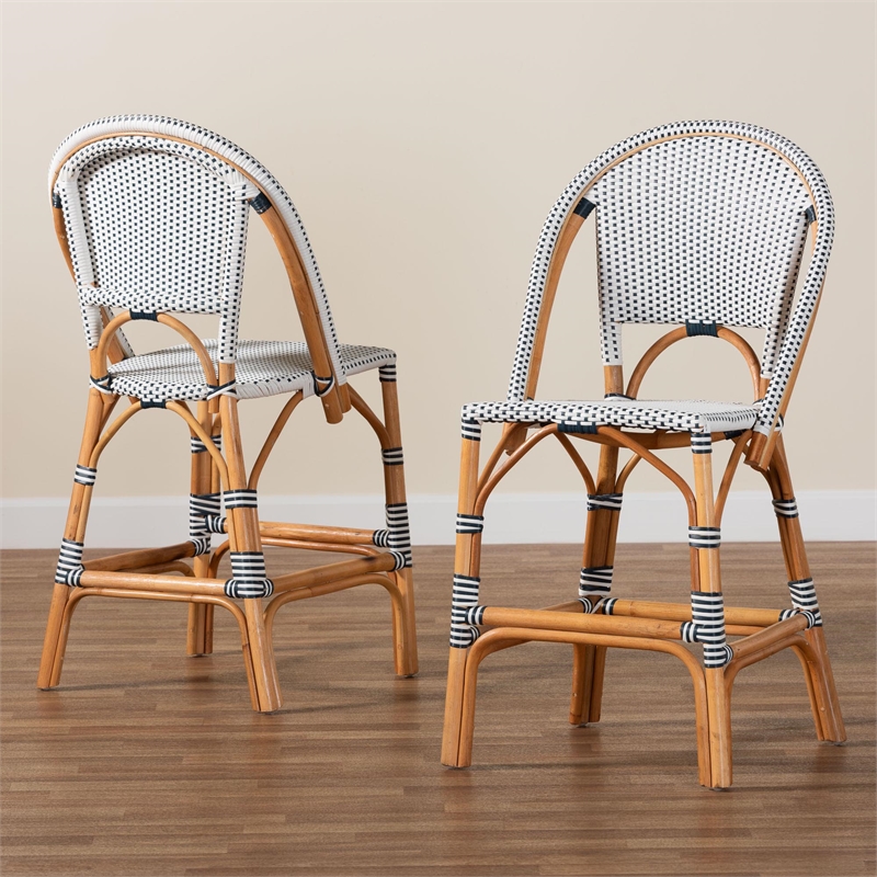 Pemberly Row Navy and White Woven Rattan 2-Piece Counter Stool Set