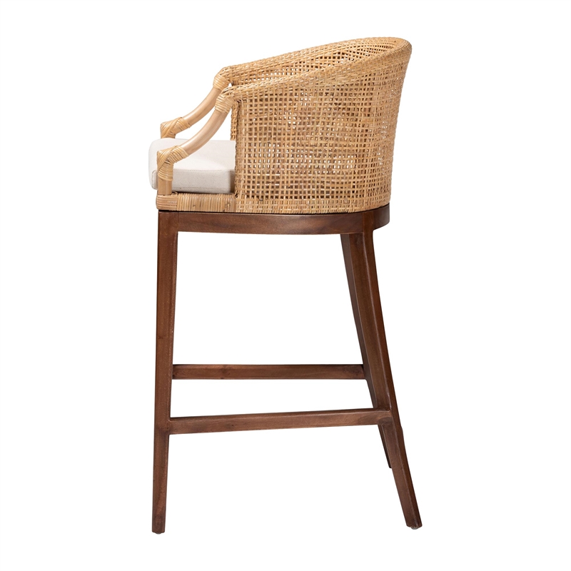 Pemberly Row Light Honey Rattan and Acacia Wood Bar Stool with Cushion