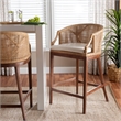 Pemberly Row Light Honey Rattan and Acacia Wood Bar Stool with Cushion