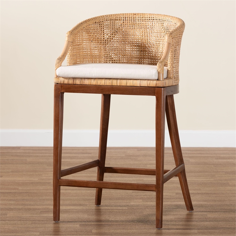 Pemberly Row Light Honey Rattan and Acacia Wood Bar Stool with Cushion