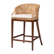 Pemberly Row Light Honey Rattan and Acacia Wood Bar Stool with Cushion