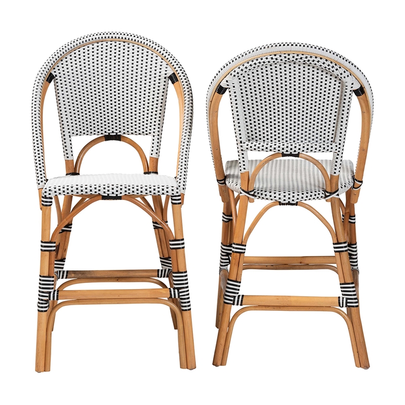 Pemberly Row Black and White Woven Rattan 2-Piece Counter Stool Set